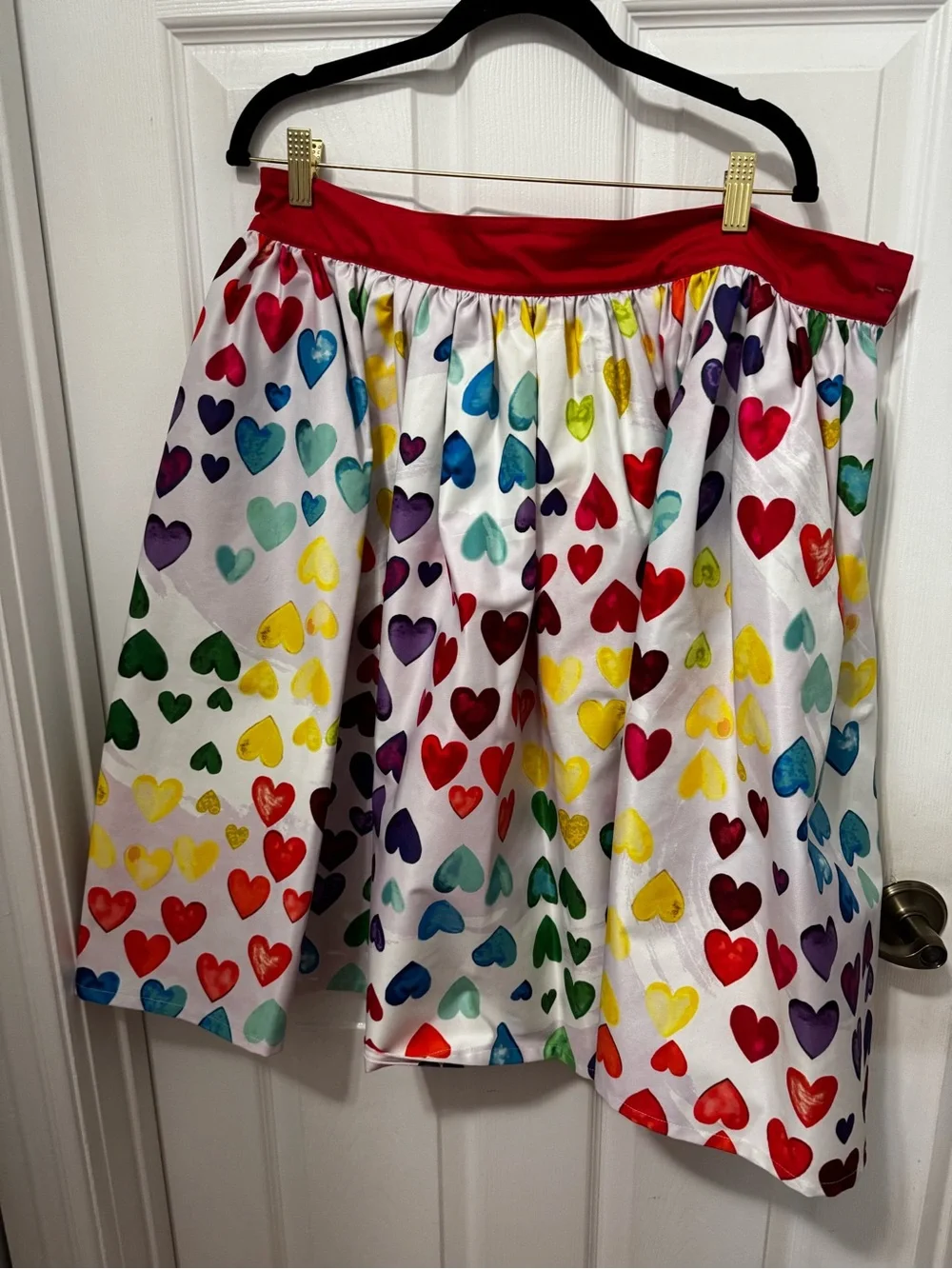 Unique Vintage White Skirt with Red Waist and Multicolor Heart Print